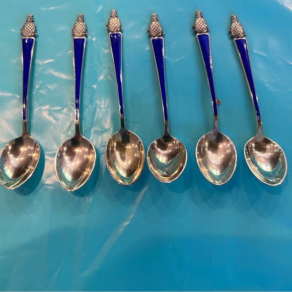 Vintage Tiffany & Co Denmark Sterling & Blue Enameled Demitasse Spoons w/case - Picture 11 of 16